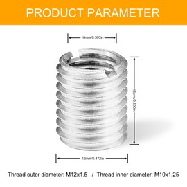 Ezitruz Pack of 12 Thread Insert M10 to M12, 15 mm Threaded Sleeve, Thread Adapter, Silver Threaded Bushing, Stainless Steel Screw Nut for Automotive, Mechanical