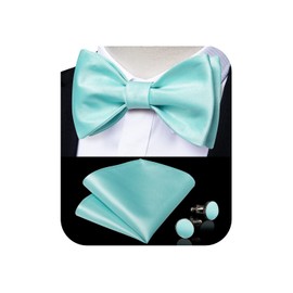 DiBanGu - Juego de 3 pajaritas para hombre, corbata de lazo y bolsillo cuadrado, ajustable, satén sólido, formal, pajarita para boda, Azul Aqua, Talla única