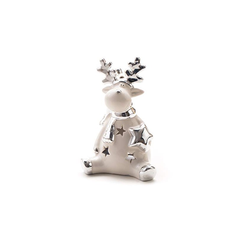 DARO DEKO Ceramic reindeer tea light holder, silver-white, 11 x