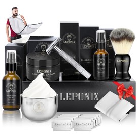 Kit de afeitado para hombres, incluye maquinilla de afeitar de seguridad, crema de afeitar de sándalo, aceite preafeitado, cepillo de afeitar, delanta