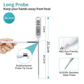 HORJOR Meat Instant Read Probe Waterproof Cooking 141mm for Kitchen Water Sugar Milk Coffee Steak Thermometer, Stainless Steel, White