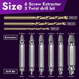 Screw Extractor Set Bit Set 9 Pieces, Made of HSS 6542, Hardness HRC 63-65, Left Extractor Set with 3 Twist Drills, Screws Extraction Tool, for Drilling and Removing Damaged Screws