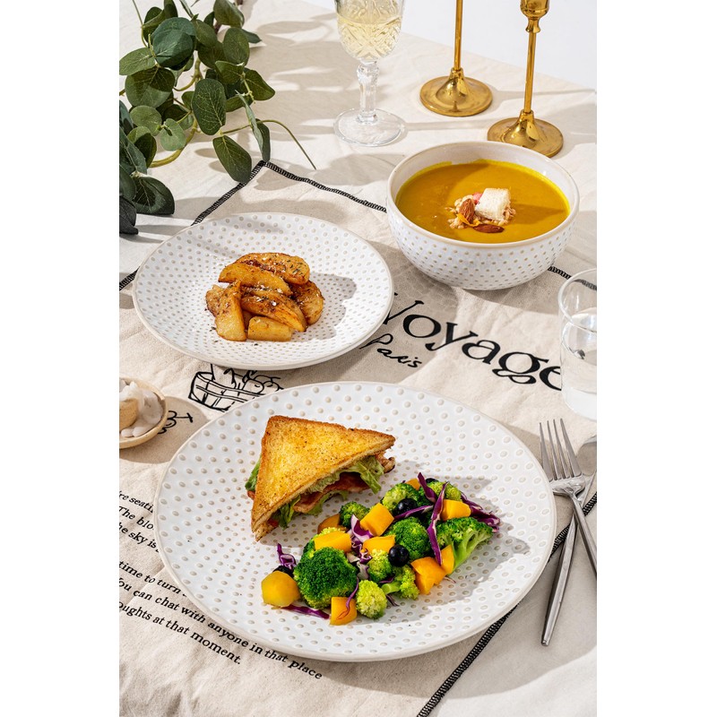 FOBENTA Stoneware Dinner Plates,Embossment Ceramic Dish Set for 4,4 Piece