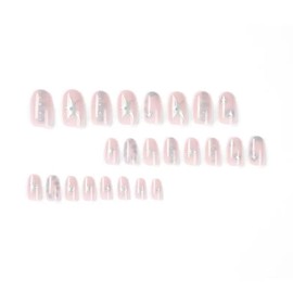 Almond Press on Nails Short Fake Nails Gradient False Nails with Silver Star Design Gradient Glossy Acrylic Nails Full Cover Stick on Nails for Women Manicure 24 Pcs
