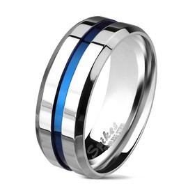 Bungsa Mens Blue Stripe 316L Stainless Steel Ring 8mm, Stainless Steel, No Gemstone