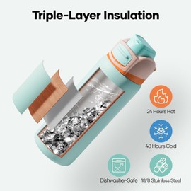 BUZIO Insulated Stainless Steel Water Bottle 1L with Flex Cap, Leakproof, Carry Loop, BPA-Free, Wide Mouth for Sports, Travel, Work, Mint Green