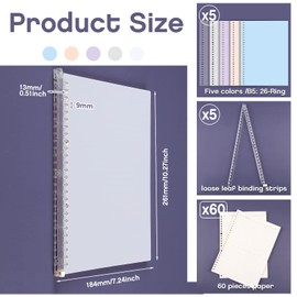 5 Packs Easy Carry Slim Binder Smart Ring Binder, and 60 Pieces of Loose Leaf Papers for Office, Frosted, Blue, Pink, Purple and Grey, Install by Yourself(B5 with 26 Rings)