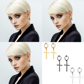 Cupimatch Cross Earrings Set Men Women Stud Earrings Cross Pendant Dangle Hoop Ear Piercing Tunnel Earrings Small Hoop Earring Black Silver Gold, Stainless Steel