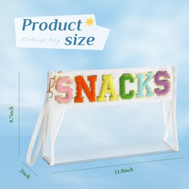 Remerry Clear Chenille Letter Makeup Bag Stand up Snack Bags Preppy Cosmetic Pouch Expandable Clear Travel with Wrist Strap Zipper Portable Multipurpose PVC Nylon for Women Travel(White,Snack)