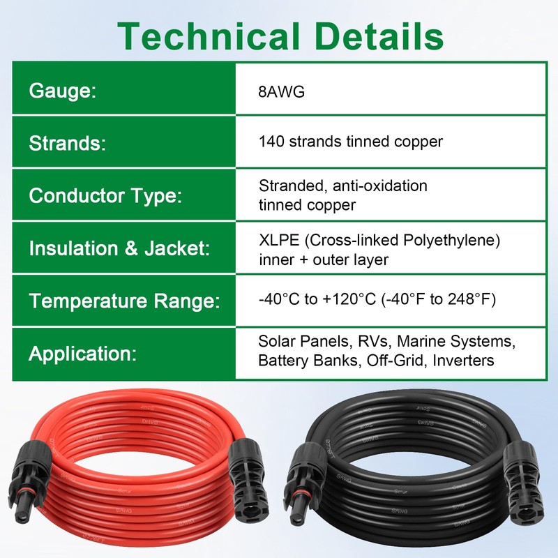 Solar Extension Cable 8AWG 50FT 2-Pack (Red + Black), PV