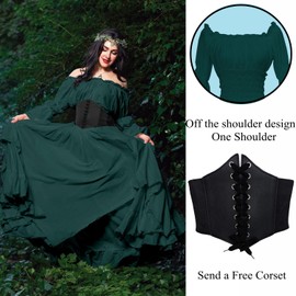 YEAXLUD Women's High Low Victorian Dress Puff Sleeve Off Shoulder Ruffle Plus Size Medieval Costume for Women Renaissance Dress (S, green)