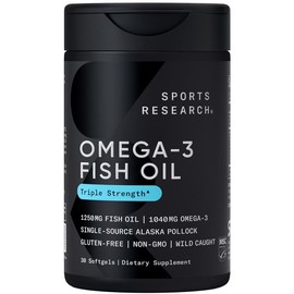Sports Research Triple Strength Omega 3 Fish Oil 1250mg from Wild Alaska Pollock - Burpless Fish Oil Supplement with Omega3s EPA & DHA - Sustainably Sourced, Non-Gmo, Gluten Free - 30 Softgels - Name: Triple Strength Omega-3 1250mg, Size: 30 Count