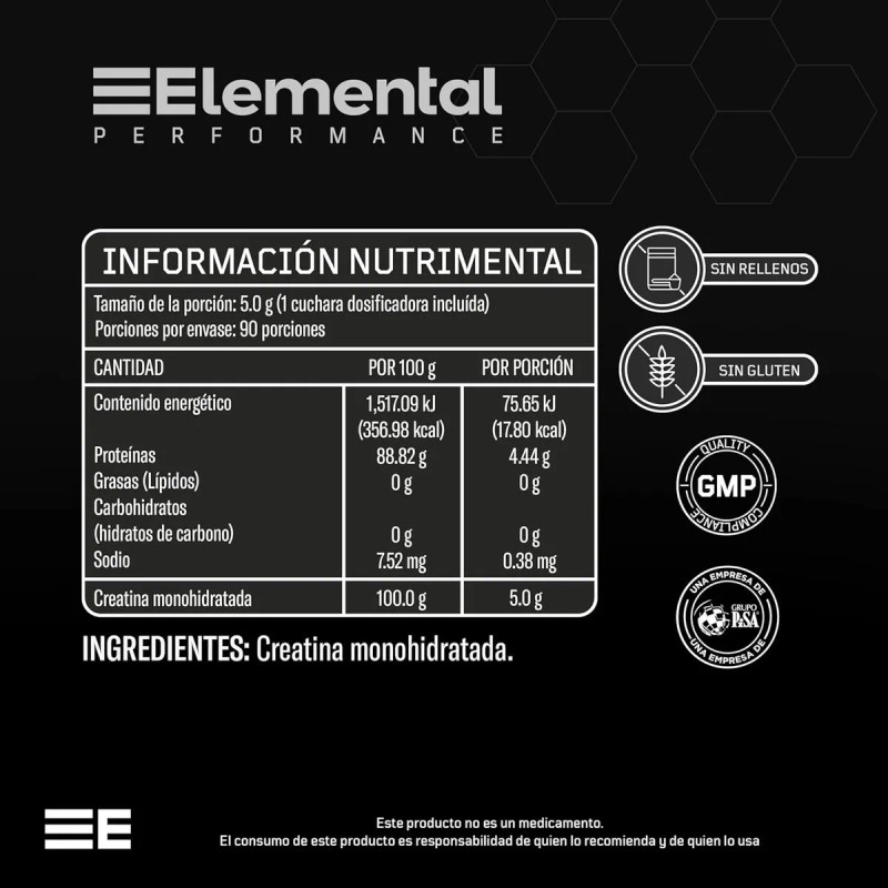 Elemental Performance Creatina Monohidratada 90 Porciones De 5g Ssaborizantes 450g