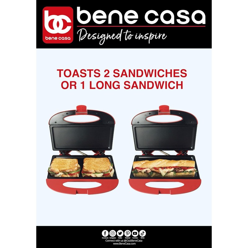Bene Casa - Red Nonstick Flat Grill Sandwich Maker -