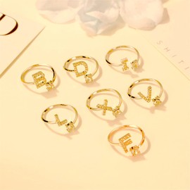 Bungsa® Ring Letters and Crystals Gold - Bendable Finger Ring / Toe Ring Toering for Women, Children & Men - A B C D E F G H I J K L M N O P R S T U V W X Y Z, Brass, Cubic Zirconia