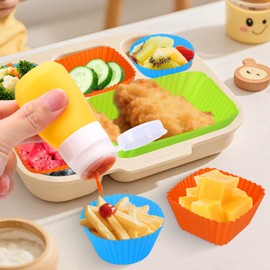 Squeeze Bottles for Sauces 2-oz Set, 4 Mini Silicone Salad Dressing Container to go with Lids, Leakproof Reusable for Lunch Box Work Trip, Includes 12 Food Dividers, 20 Fruit Forks, 1 Cleaning Brush