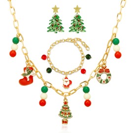 KLIFOWDY 3 Pcs Christmas Earrings Necklace Bracelet Set Jewelry for Women Christmas Tree Earrings Necklace Santa Claus Bracelet Set Christmas Gifts for Women