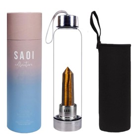 SAOI Crystal Water Bottle - Tiger Eye - Natural Wellness Healing - Glass/Stainless Steel
