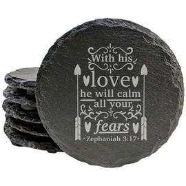 Faith and Hope: Laser Etched Scripture Coasters with "With His Love" - Zephaniah 3:17 Coasters - Round Slate - set of 5