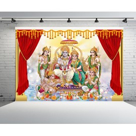 CHNYWORK 2.1x1.5m Indian Hindu God Backdrop Indian Ram Sita Hanuman Hindu God Ganesh Marigold Puja Scenery Background Ganesha Indian Festival Party Decor Photo Booth Props Wallpaper