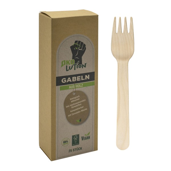 Ökolution Wooden Forks Disposable Cutlery Disposable Wooden Forks Pack of 25 Carnauba Wax Coated FSC Certified in Eco Friendly Packaging 457 Brown