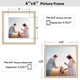 4x4 Picture Frame, Brass Matte Thin Modern Metal, Square Frame for Desktop and Wall Mounting, Aluminum Floating Photo Frame, Fit 3x3 with Mat or 4 x 4 without Mat, 1 Pack