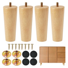 Pack of 4 Wooden Furniture Legs, 12 cm Furniture Feet Replacement, Table Legs, Solid Wood with Screws, Mounting Plate and Rubber Pads, Wooden Legs for Furniture, Wooden Feet Furniture, for Table,