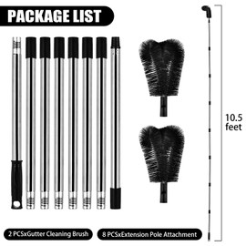 10.5FT Gutter Cleaning Tools from the Ground, Adjustable Long Handle Gutter Cleaner Include 8 Stainless Steel Telescoping Poles & 2 Gutter Cleaning Brush Easily Remove Leaves and Debris from Gutters