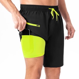 HomeChi Baño de Hombres con Forro de Compresión - Pantalones Cortos de Natación de Secado Rápido con Bolsillos para Teléfono - Pantalones Cortos de Playa Trajes de Baño para Hombres, Negro, L