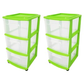 HOMZ 2-Pack Drawer Tower, 3-Tier Clear Plastic Storage Organizer Cart, Bold Lime Frame - Organizing Containers with Wheels for Home, Bathroom, Bedroom, Office, and Classroom