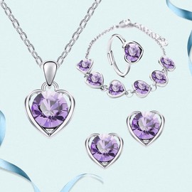 TOFBS 4 Piece Heart Crystal Jewellery Set Pendant Necklace Bracelet Earrings and Rings Set for Women Girls Bridal Jewellery Set Jewellery Set, Alloy Steel, No Gemstone