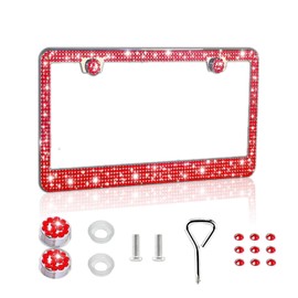 Piburth Bling Car License Plate Frame, Sparkly Rhinestone Stainless Steel License Plate Cover, Universal for Most Cars, SUVs, Vehicles with Screw Set, Auto Accessories for Women (Red, 1PCS)