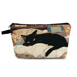 YULUENZE Black Cat Gift Black Cosy Cat Makeup Bag Cute Small Organizer Bag with Zipper Floral Black Cat Kitten Kitty Vintage Cosmetic Bag Birthday Gifts for Cat Lovers Women Friends
