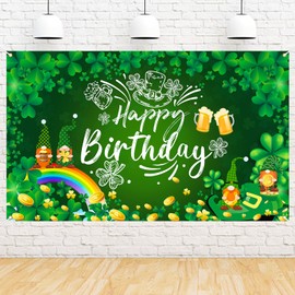 Ushinemi Ushinemi St Patricks Day Birthday Decorations, St. Patrick's Day Happy Birthday Backdrop Banner, Lucky Clover Shamrock Gnome Party Background 6 x 3.6 ft