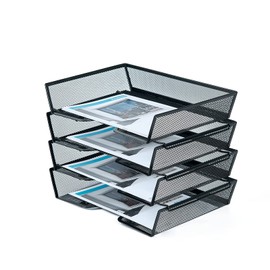 SETTFRFE 4 Tier Metal Mesh Desk Organizer-Stackable Letter Trays for Office Supplies,Black File Storage System with Reinforced Edges
