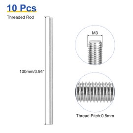 sourcing map 10Pcs M3 x 100mm Fully Threaded Rod 304 Stainless Steel Right Hand Threads Bar Studs for Anchors Bolts, Clamps, Hangers and U-Bolts, M3-0.5 Thread Pitch