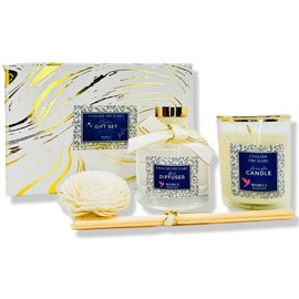 Moira's Bazaar Elysian Essence Aromatherapy Gift Set – Luxury Candle and Flower Reed Diffuser – Perfect Scented Gift for Thanksgiving & Christmas, Gifts for Women (English Orchard)