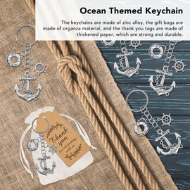 JTLB 24 Sets Anchor Keychain Party Favor with Drawstring Gift Bags Thank You Tags Exquisite Anchor Keychain for Nautical Theme Party