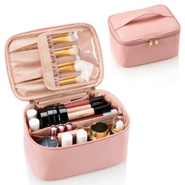 Travel Makeup Bag, Portable Cosmetic Bag with Makeup Brush Organiser Large Capacity Make up Case Water-Resistant Toiletry Bag for Women Travel Essentials, Pink