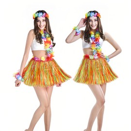 2 Sets Hawaiian Fancy Dress, Include Grass Skirts & Head Garland & Hand Garlands & Necklack, Hawaiian Party Decorations for Adults and Kids, Moana Hula Costume for Women, Party Supplies Multicolor