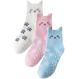Yawlsow Non-slip Pilates Socks for Women, Cute Yoga Socks with Grip,Funny Cat Crew Sock Gifts for Birthday, Mother's Day (CA/US, Alpha, One Size, Regular, Regular, White + Pink + Blue)