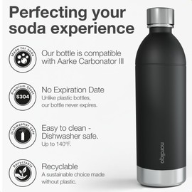 Nordiqo Premium 1.3L / 1300 ml Stainless Steel Bottle - Compatible with Aarke Carbonator 3 | Dishwasher Safe | No Expiration Date | Leak Proof | BPA-Free | 2-Pack (2 x Black)