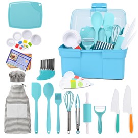 Kinggrand Kitchen Kids Cooking Sets Real Kids Baking Set with Storage Case 34 Piece Real Cooking Supplies with Cookbook Knives Apron Chef Cooking Utensils for Girls Boys