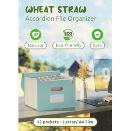 EcoStash Accordion File Organiser, 12 Pockets Wheat Straw Expanding File Folders, Monthly Filling Document Organiser, BPA Free, Return to Nature, Healthy Living, A4/Letter Size - Sky Blue