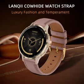 LanQii 18 mm Leather Strap Compatible with Garmin Venu 3S 41 mm/Forerunner 265S/Forerunner 255S, Leather Watch Strap Replacement Bands for Garmin Vivoactive 4S 40 mm/Vivomove 3S 39 mm, Pink
