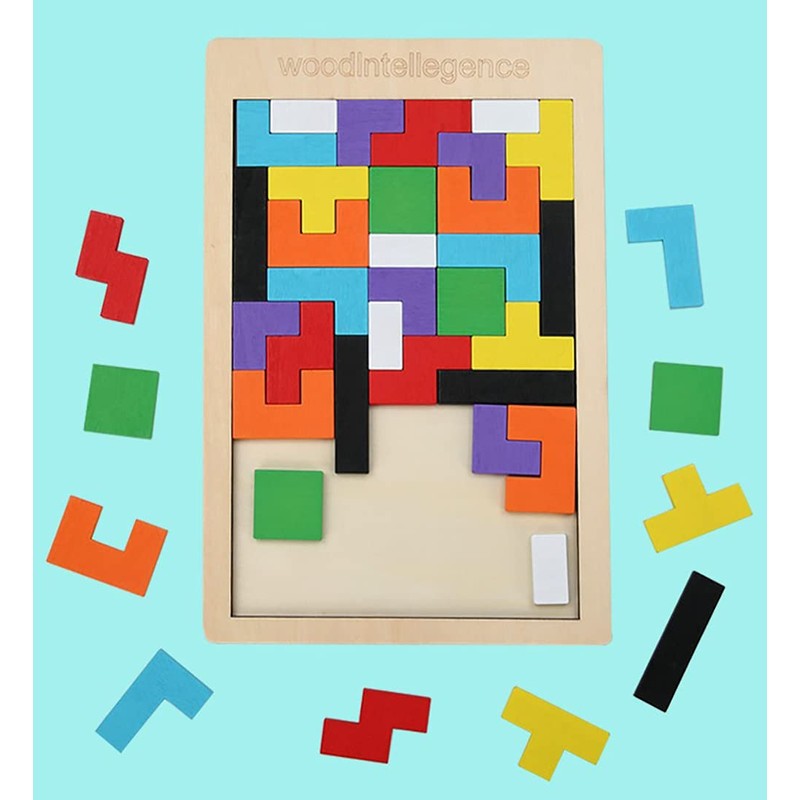 ANCLLO Tangram wooden puzzle with colourful 3D Russian blocks