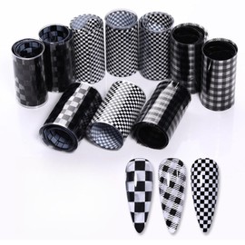 1 caja con 10 rollos de pegatinas de transferencia de lámina para uñas, pegatinas de uñas a cuadros blancos y negros, herramientas para decoración de uñas, pegatinas de uñas DIY para uso doméstico.