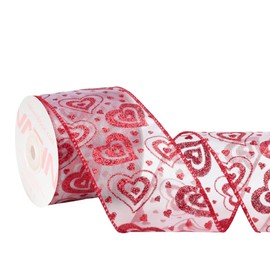 VATIN Glitter Red Hearts Valentine's Day Wired Ribbon, 2.5" x10 Yd for Bows, Wreaths & Crafts