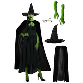 UQJE - Disfraz de bruja para mujer, 5 piezas, disfraz de bruja verde malvado, disfraz de brujas de Halloween, capa, anteojos, guantes accesorios