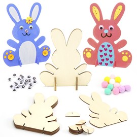 Sprinlot Wooden Rabbits for Painting, Pack of 12 DIY Easter Bunny Decoration with Colourful Mini Pompoms and Googly Eyes, Easter Bunny Children's Craft Sets, Wooden Craft Set Children for Craft